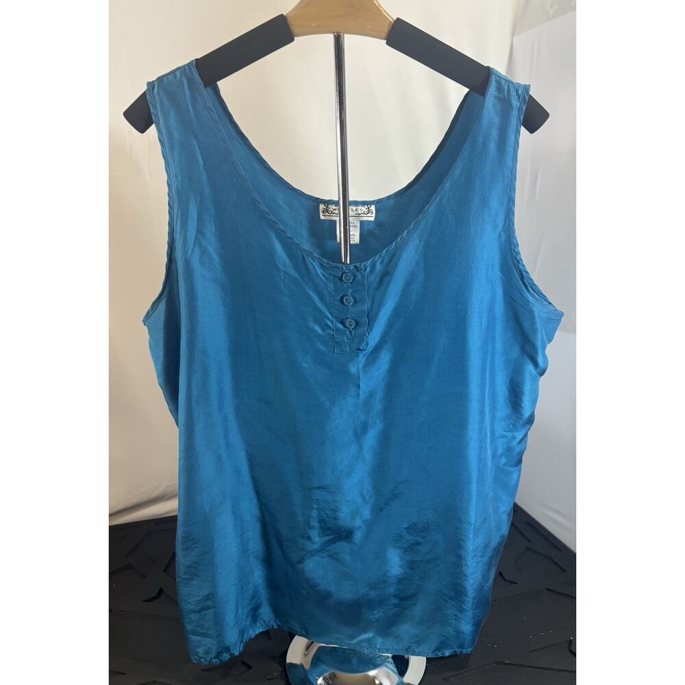 Vintage Y2K Whistles Women's Henley Tank Top Large Turquoise Side Slit 100% Silk